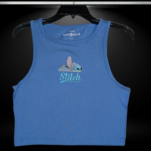 Disney's Lilo & Stitch Blue Embroidered Stitch Graphic Tank Crop Top Summer Wear - Picture 1 of 13